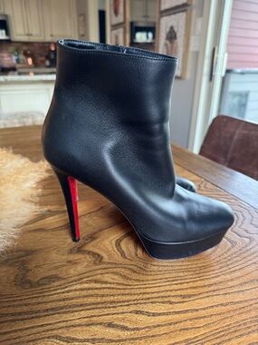 Christian Louboutin Black Leather Platform Ankle Boot with Red Heel